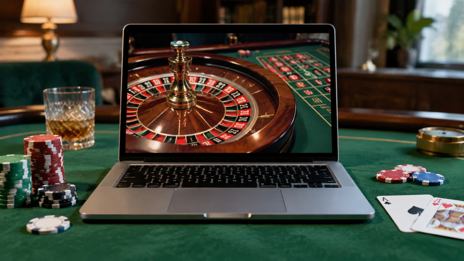 Laptop displaying an online casino roulette game beside playing cards and casino chips on green felt