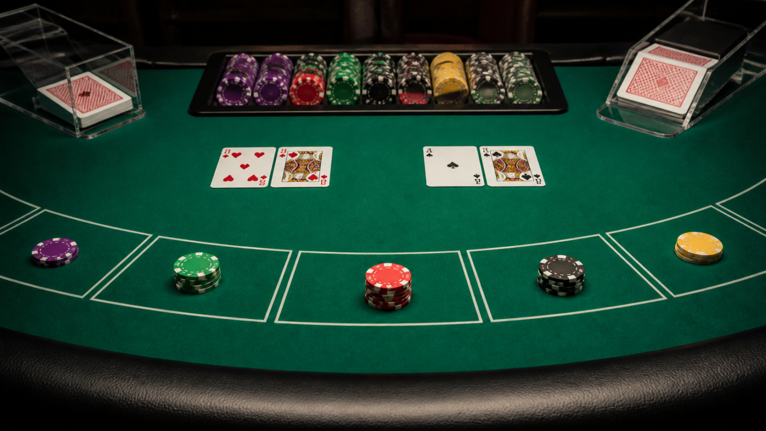 Bàn baccarat với bài và phỉnh trên mặt nỉ xanh