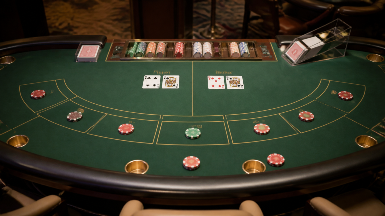 Baccarat vận hành như thế nào?: baccarat trực tuyến Bàn baccarat với bài và phỉnh trong không gian casino