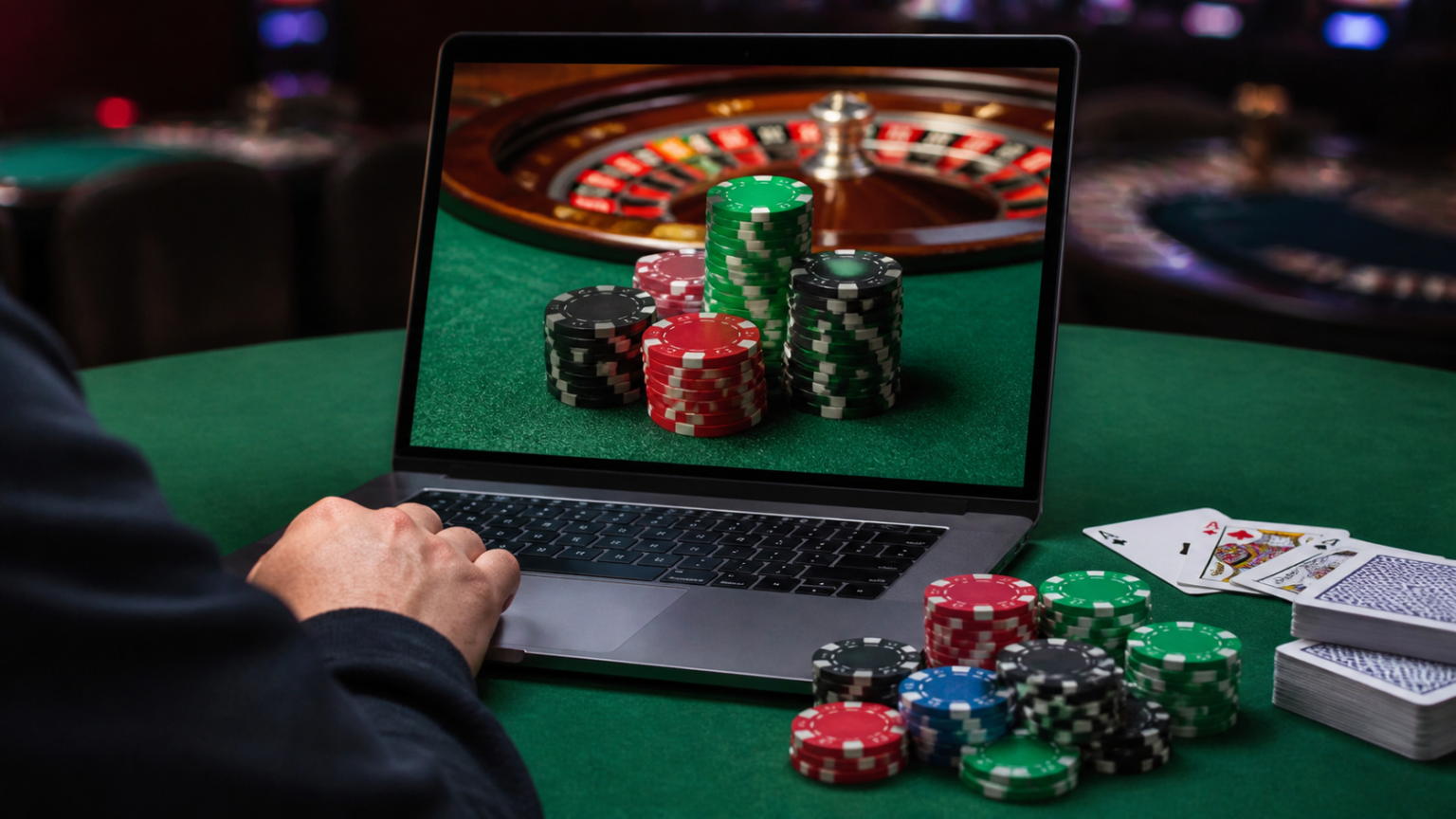 Person browsing betting sites on a laptop with casino chips and cards