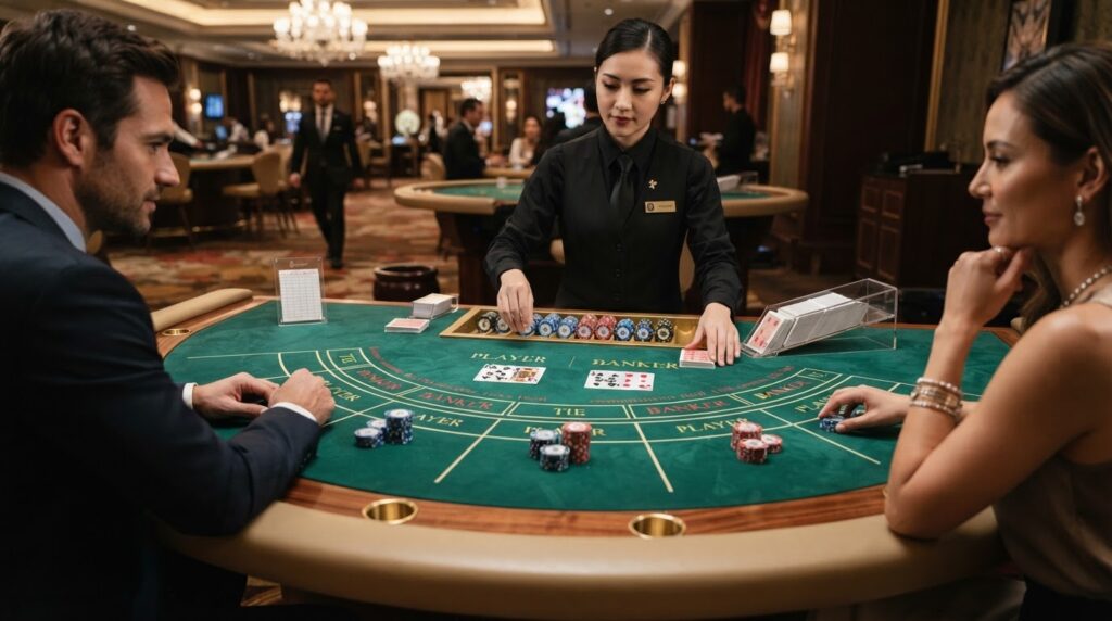 Bàn chơi baccarat trực tuyến sang trọng với quân bài và chip cược