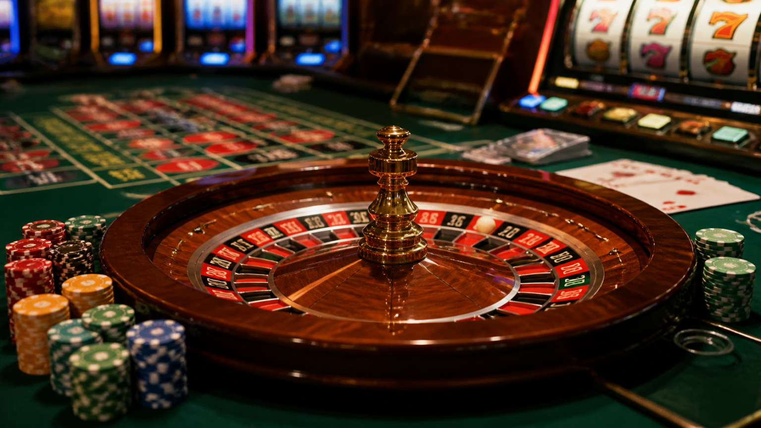 Tavolo da casinò con roulette e carte, tema casino non AAMS