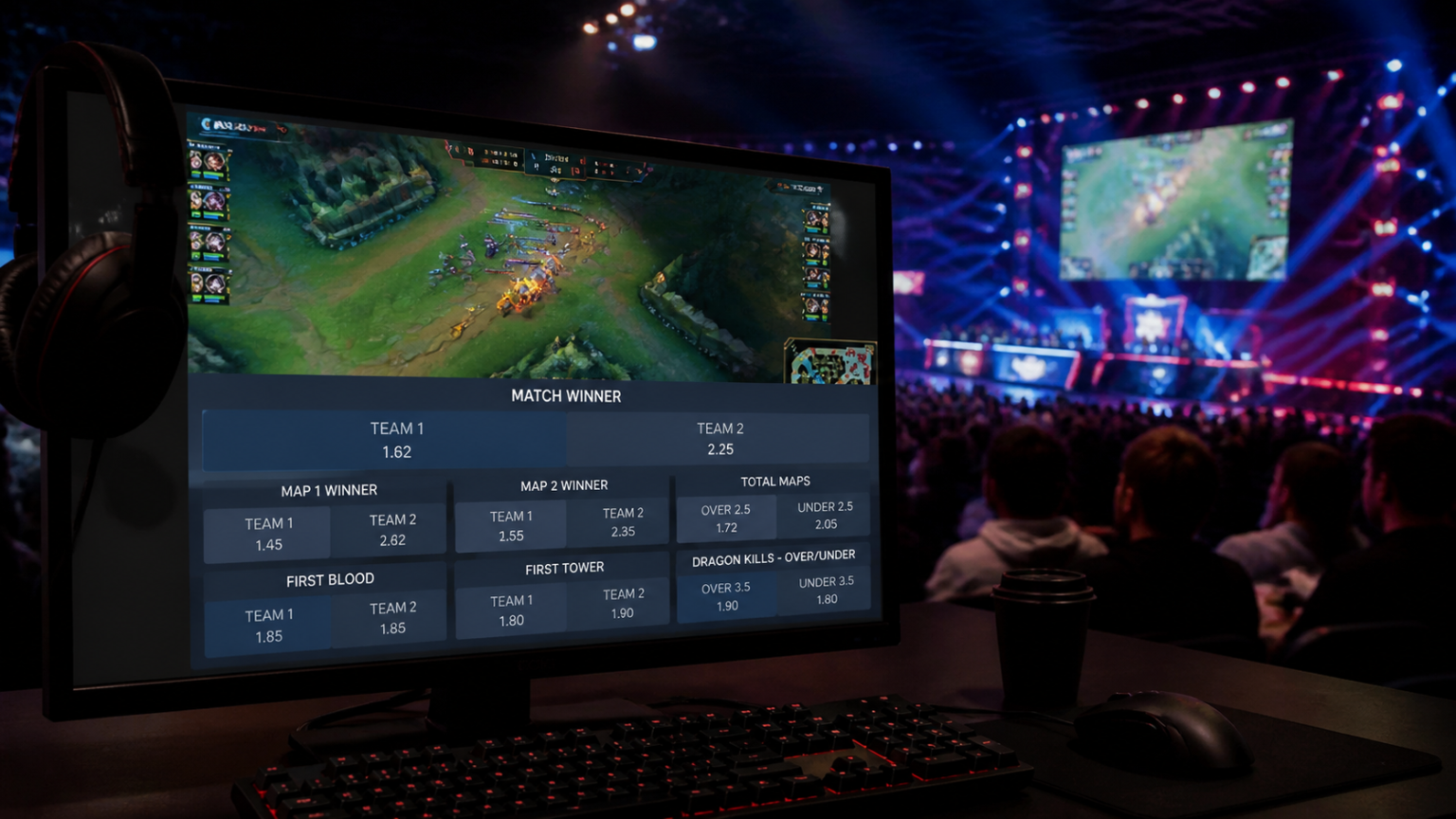 เดิมพันอีสปอร์ตอย่างเข้าใจ: อ่านเกมและตั้งขอบเขตให้เหมาะสม หน้าจอแสดงข้อมูลการเดิมพันและการแข่งขันอีสปอร์ต
