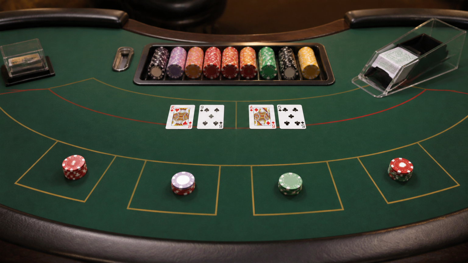 Bàn baccarat với bài tây và phỉnh tại khu vực chia bài