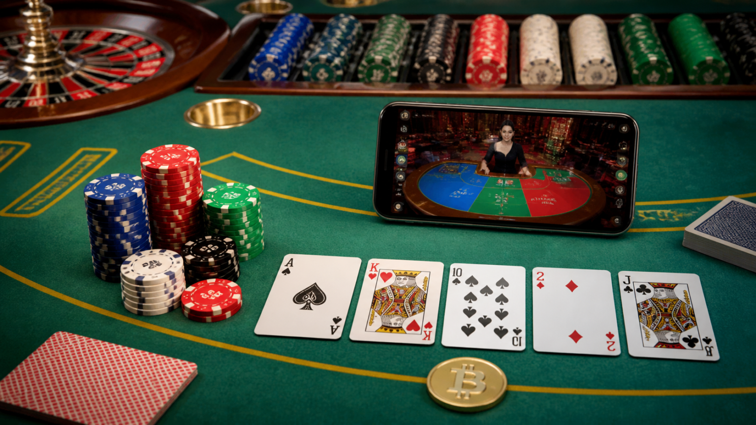 Casino gaming setup with a phone showing a crypto casino
