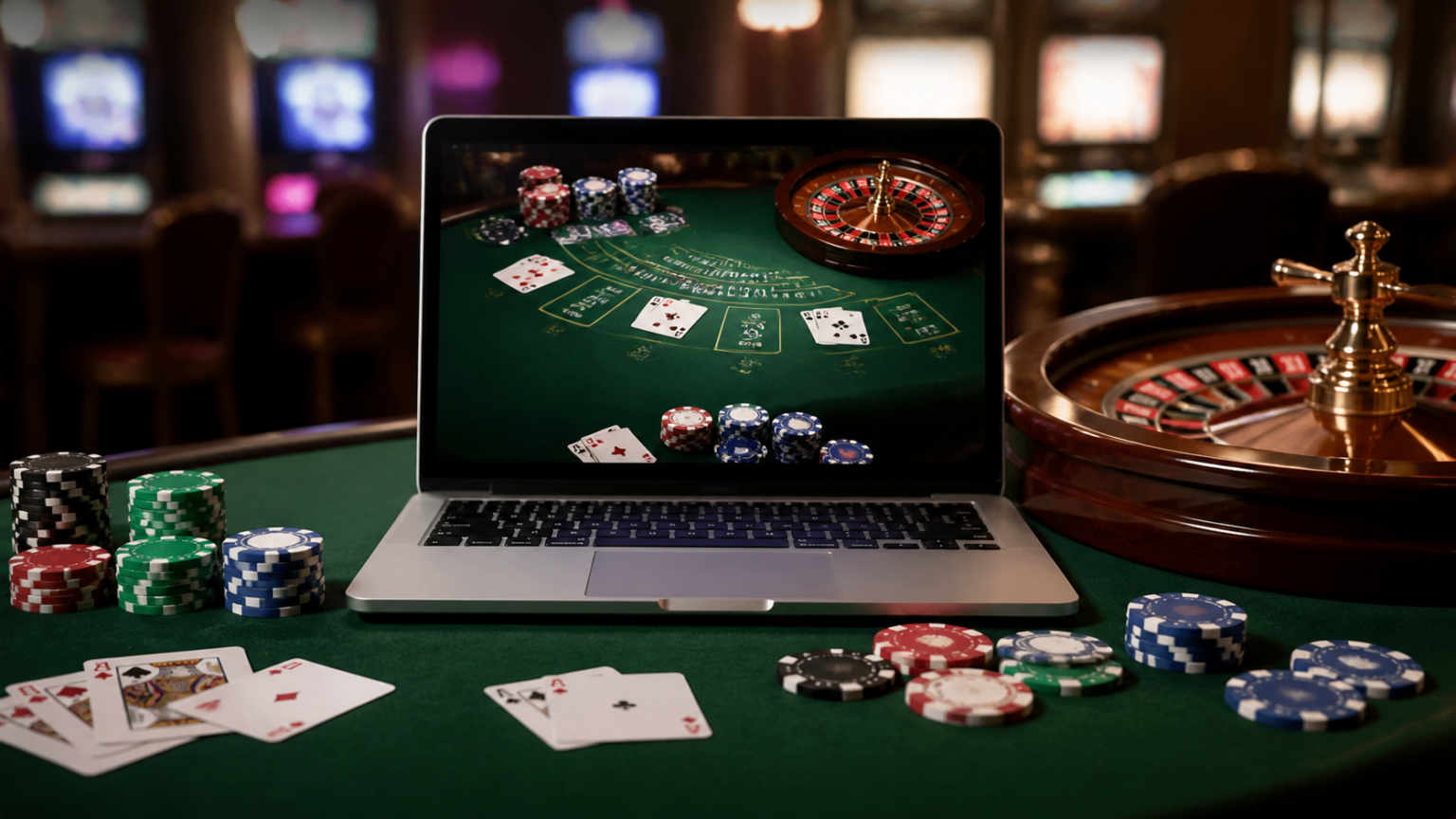 Casino betting setup with cards, chips, and roulette wheel