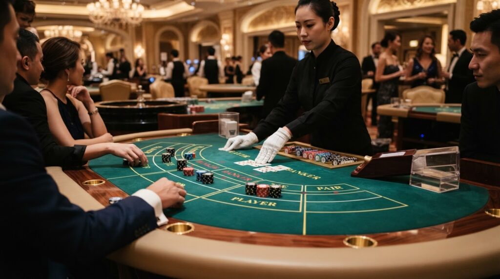 Trải Nghiệm Baccarat Trực Tuyến: Kinh Nghiệm & Chiến Thuật Bàn chơi baccarat trực tuyến sang trọng với các lá bài và chip cược