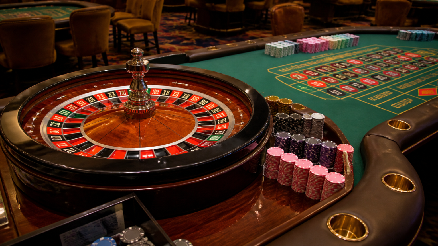 Casino roulette wheel and betting layout on a roulette table