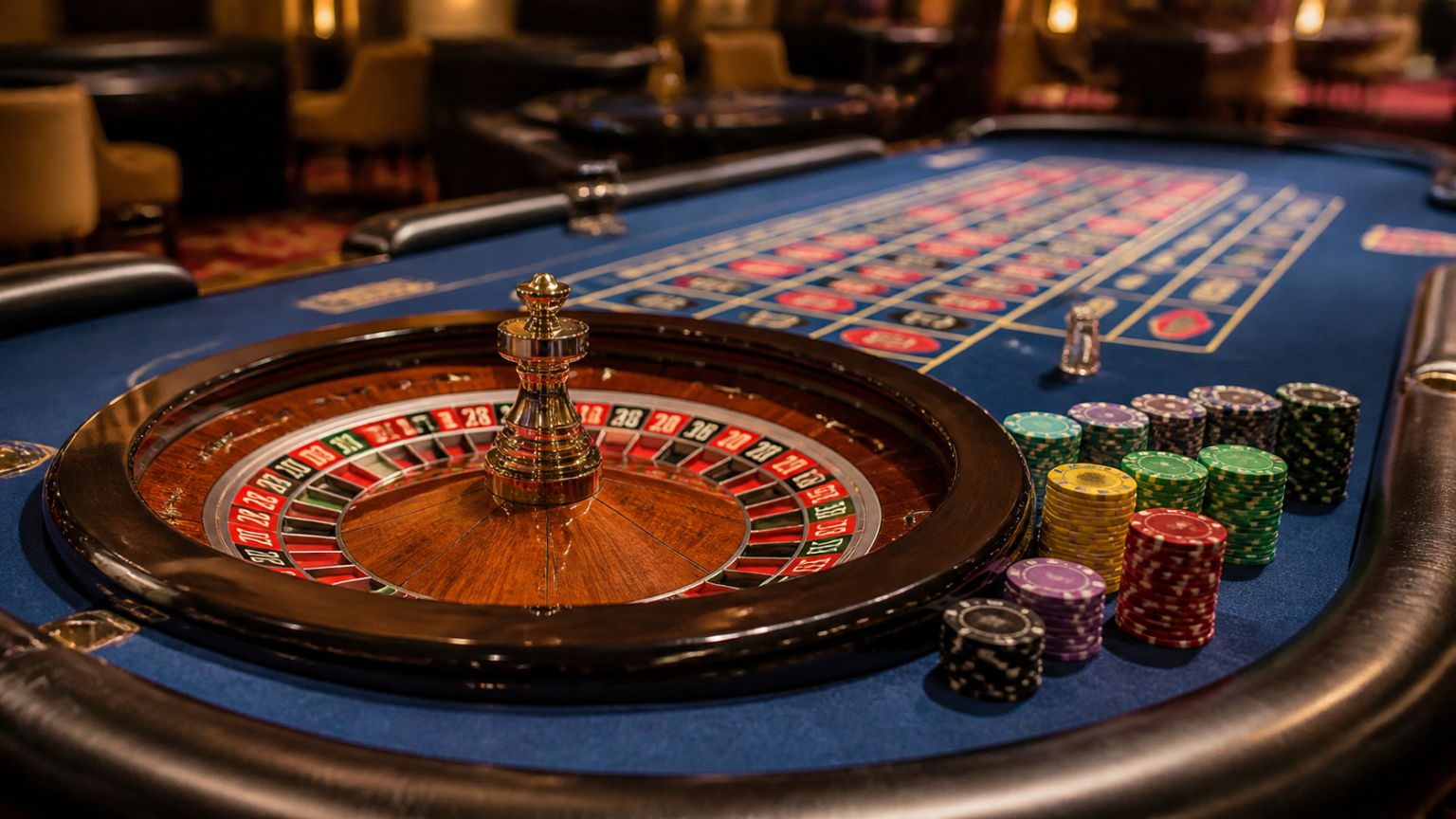 Bàn roulette trong sòng bạc với vòng quay và khu vực đặt cược