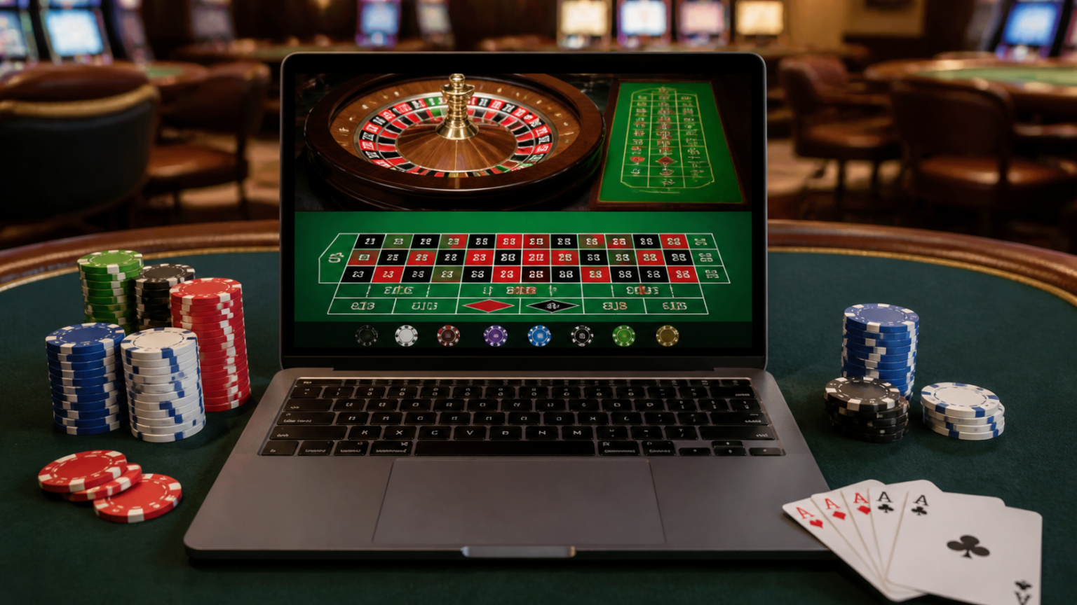 Online casino betting interface on a laptop with poker chips